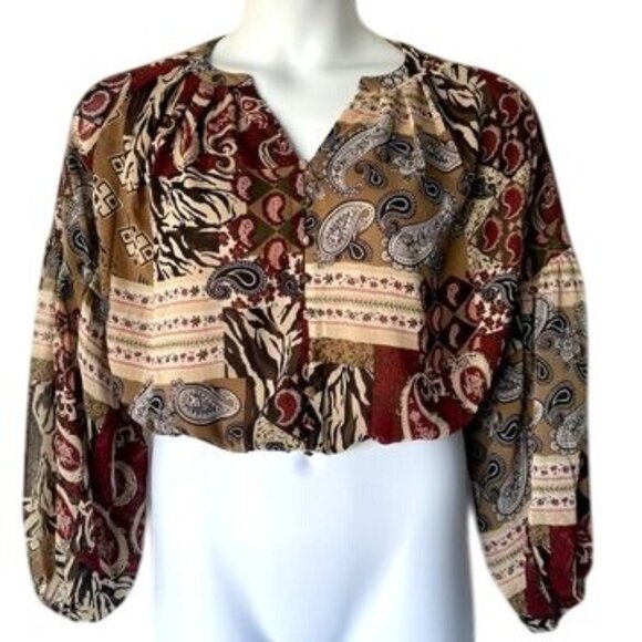 Rachel Rachel Roy  Bohemian Patchwork Paisley Cropped Blouse Size Small - Picture 1 of 7